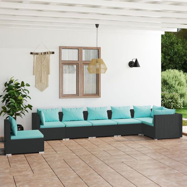 vidaXL Salon de jardin 7 pcs avec coussins R&eacute;sine tress&eacute;e Noir