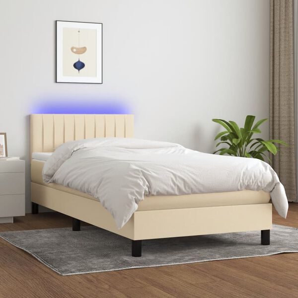 vidaXL Sommier &agrave; lattes de lit avec matelas LED Cr&egrave;me 90x200 cm Tissu