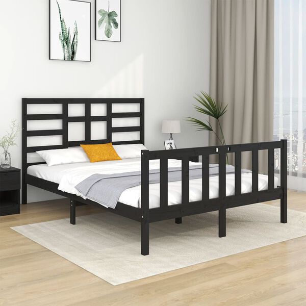 vidaXL Cadre de lit Noir Bois massif 135x190 cm Double