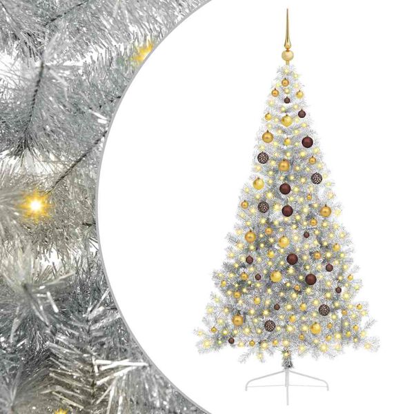 vidaXL Sapin de No&euml;l artificiel pr&eacute;-&eacute;clair&eacute; Argent 210 cm PET