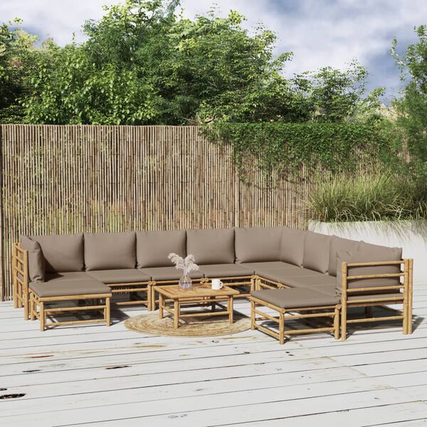 vidaXL Salon de jardin 11 pcs avec coussins taupe bambou