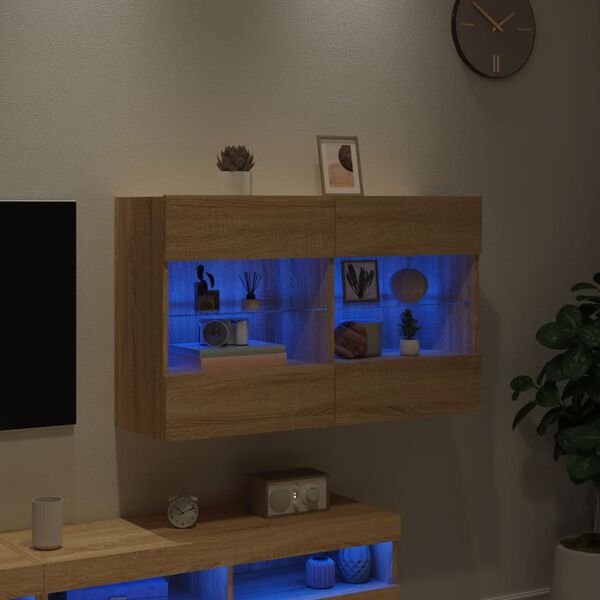 vidaXL Meuble TV mural avec lumi&egrave;res LED ch&ecirc;ne sonoma 98,5x30x60,5 cm
