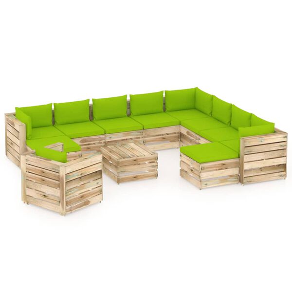 vidaXL Salon de jardin 12 pcs avec coussins Bois impr&eacute;gn&eacute; de vert