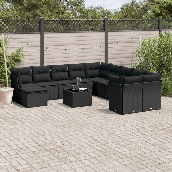 vidaXL Salon de jardin 12 pcs avec coussins noir r&eacute;sine tress&eacute;e