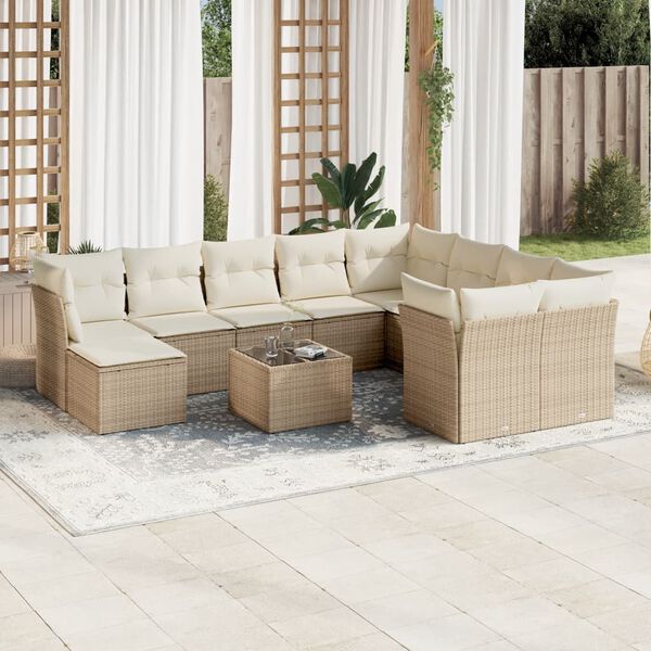 vidaXL Salon de jardin 11 pcs avec coussins beige r&eacute;sine tress&eacute;e