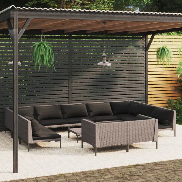 vidaXL Salon de jardin 12 pcs avec coussins R&eacute;sine tress&eacute;e Gris fonc&eacute;