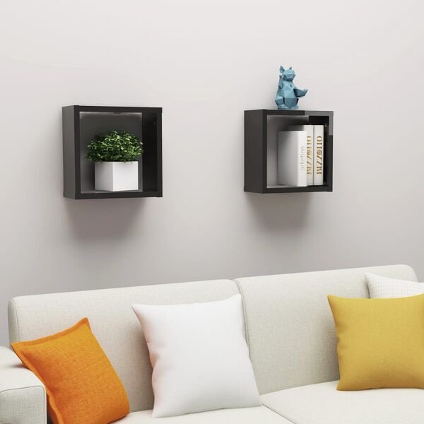 vidaXL &Eacute;tag&egrave;res cube murales 2 pcs Noir brillant 30x15x30 cm