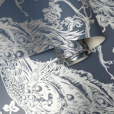 DUTCH WALLCOVERINGS Papier peint Paon Bleu marine et argenté