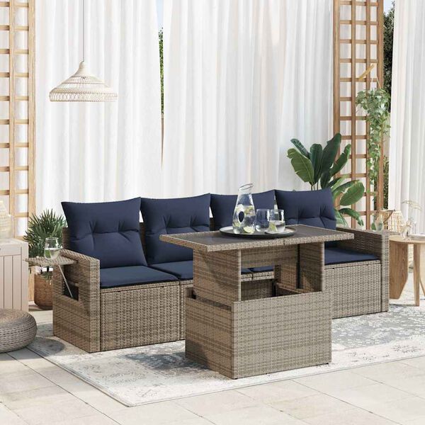 vidaXL Salon de jardin 5 pcs avec coussins gris r&eacute;sine tress&eacute;e