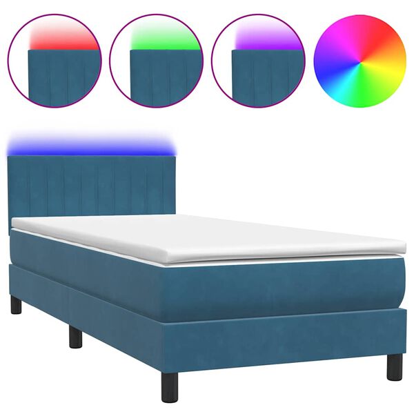 vidaXL Sommier &agrave; lattes de lit et matelas et LED bleu fonc&eacute; 90x210 cm velours