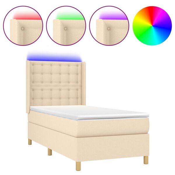vidaXL Sommier &agrave; lattes de lit matelas et LED Cr&egrave;me 90x200 cm Tissu