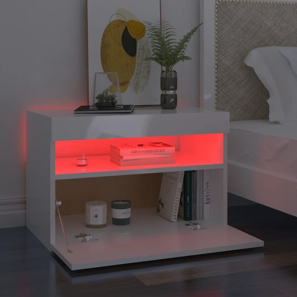 vidaXL Table de chevet avec lumi&egrave;res LED blanc brillant 60x35x40 cm