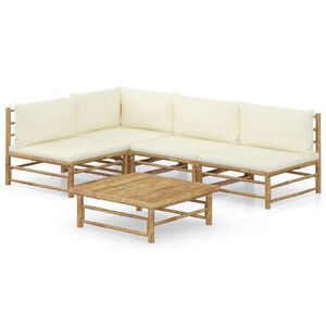 vidaXL Salon de jardin 5 pcs avec coussins blanc cr&egrave;me bambou