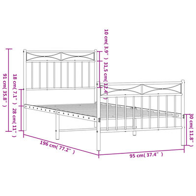 vidaXL Cadre de lit métal sans matelas avec pied de lit noir 90x190 cm