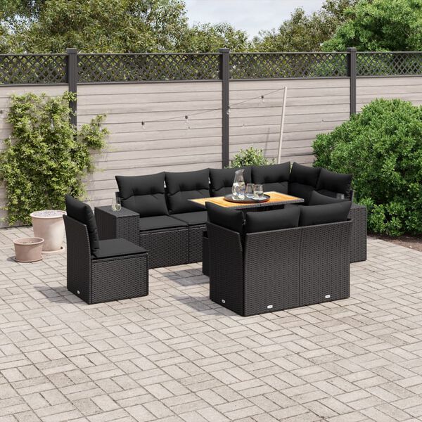 vidaXL Salon de jardin 9 pcs avec coussins noir r&eacute;sine tress&eacute;e