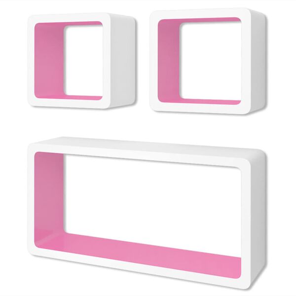 3 &Eacute;tag&egrave;res cubes murales et en MDF Blanc-Rose pour DVD/Livres