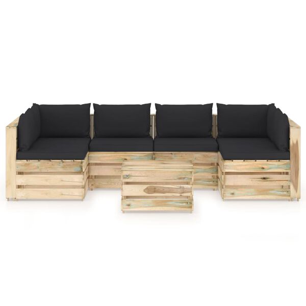 vidaXL Salon de jardin 7 pcs avec coussins Bois impr&eacute;gn&eacute; de vert