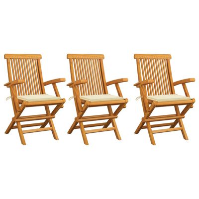 vidaXL Chaises de jardin avec coussins crème lot de 3 Bois teck massif