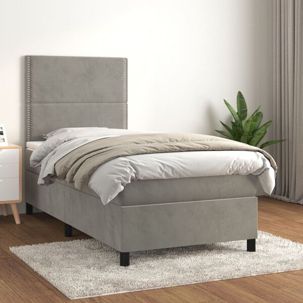vidaXL Sommier &agrave; lattes de lit et matelas Gris clair 90x200 cm Velours