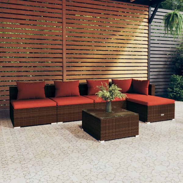 vidaXL Salon de jardin 6 pcs avec coussins R&eacute;sine tress&eacute;e Marron