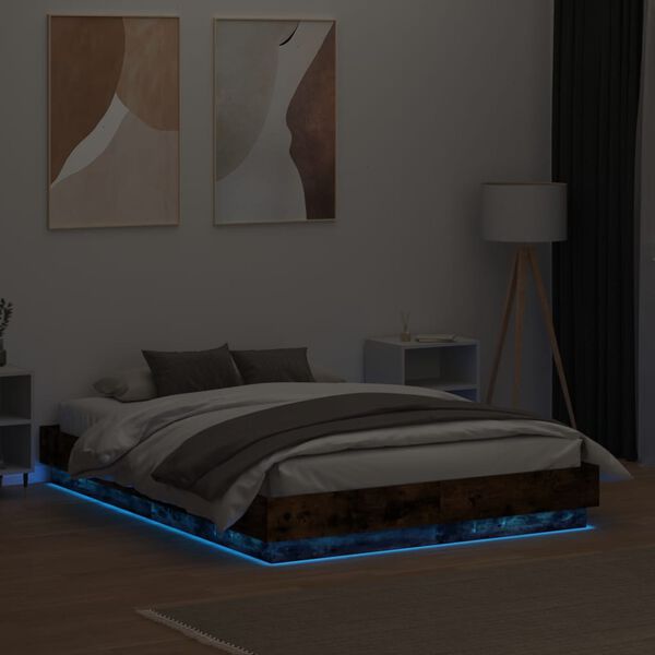 vidaXL Cadre de lit avec LED sans matelas ch&ecirc;ne fum&eacute; 140x190 cm