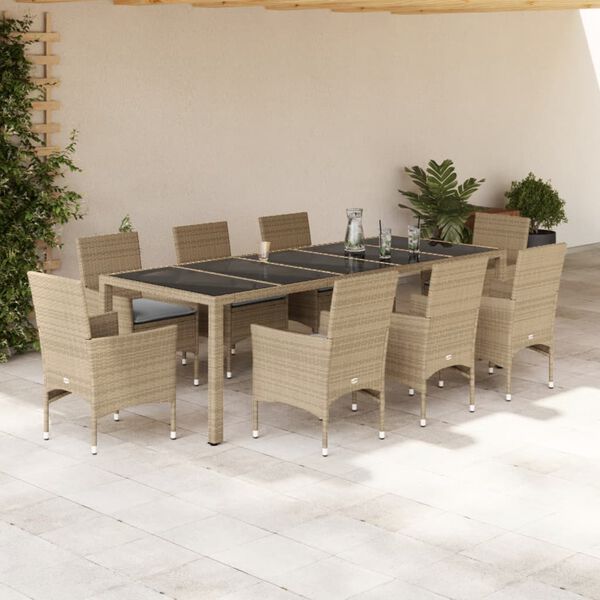 vidaXL Ensemble &agrave; manger de jardin et coussins 9 pcs beige rotin verre