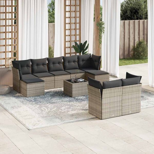 vidaXL Salon de jardin avec coussins 10 pcs gris r&eacute;sine tress&eacute;e