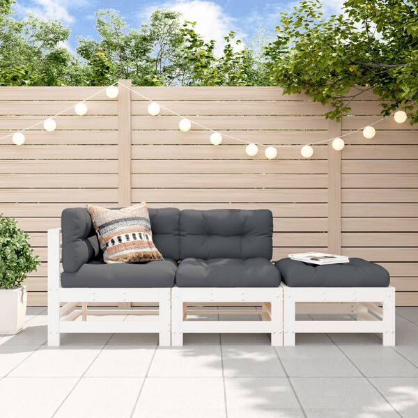 vidaXL Salon de jardin 3 pcs avec coussins blanc bois massif