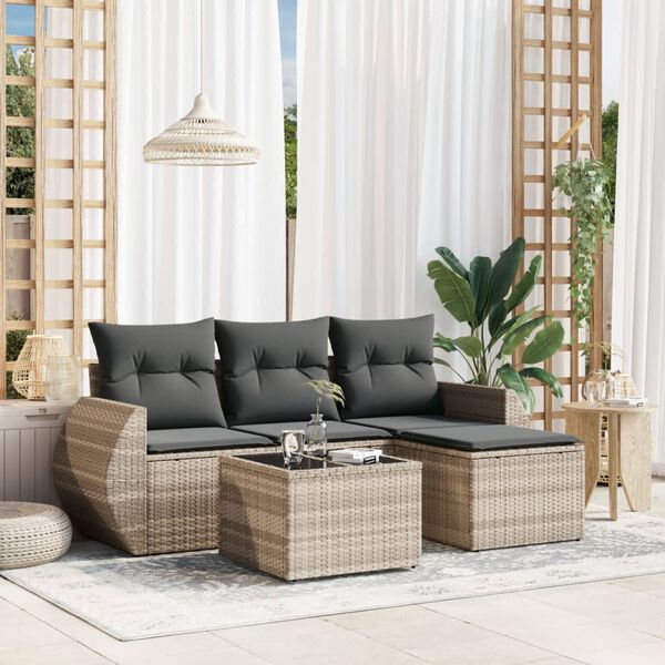 vidaXL Salon de jardin 5 pcs avec coussins gris clair r&eacute;sine tress&eacute;e