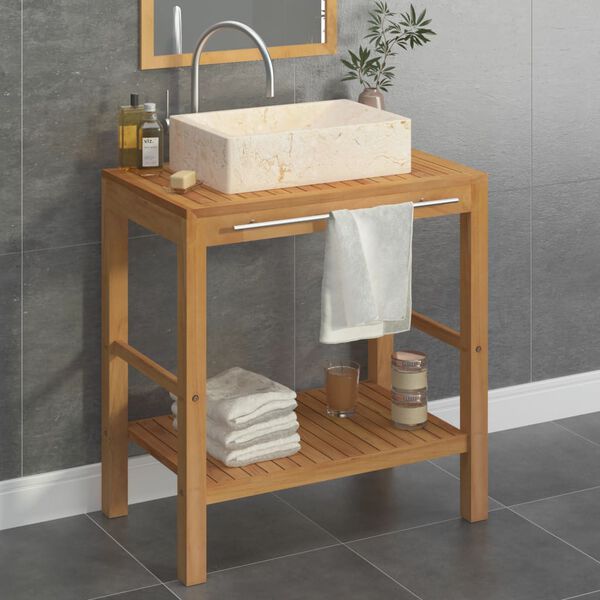 vidaXL Armoire de toilette en teck solide avec lavabo en marbre Cr&egrave;me