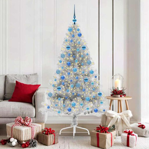 vidaXL Sapin de No&euml;l artificiel pr&eacute;-&eacute;clair&eacute; Argent 180 cm PET