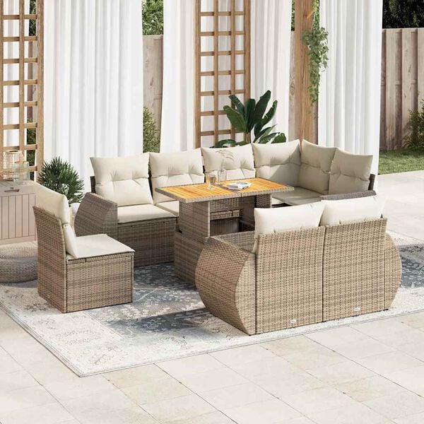 vidaXL Salon de jardin avec coussins 9 pcs beige r&eacute;sine tress&eacute;e