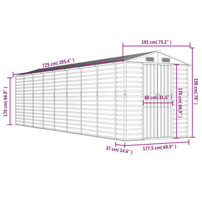 vidaXL Abri de jardin gris clair 191x725x198 cm acier galvanisé