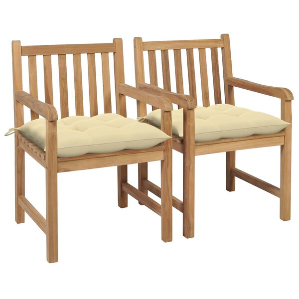 vidaXL Chaises de jardin lot de 2 et coussins blanc cr&egrave;me Bois de teck
