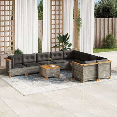 vidaXL Salon de jardin avec coussins 10 pcs gris résine tressée