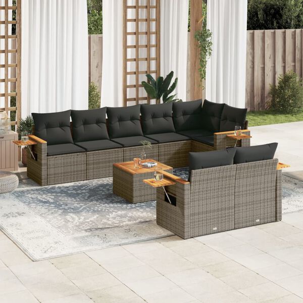 vidaXL Salon de jardin 9 pcs avec coussins gris r&eacute;sine tress&eacute;e