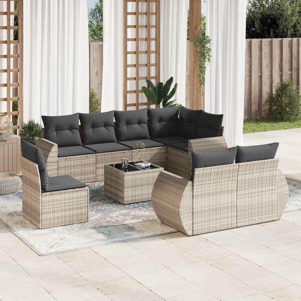 vidaXL Salon de jardin 9 pcs avec coussins gris clair r&eacute;sine tress&eacute;e