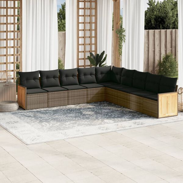 vidaXL Salon de jardin 9 pcs avec coussins gris résine tressée