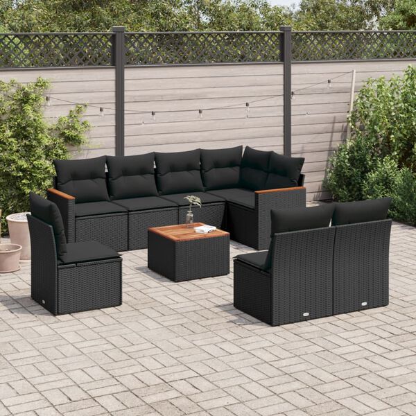 vidaXL Salon de jardin 9 pcs avec coussins noir r&eacute;sine tress&eacute;e