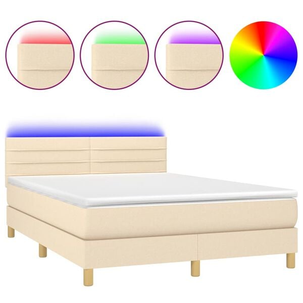 vidaXL Sommier &agrave; lattes de lit avec matelas LED Cr&egrave;me 140x200 cm Tissu
