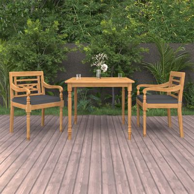 vidaXL Ensemble à manger de jardin 3pcs avec coussins Bois teck massif