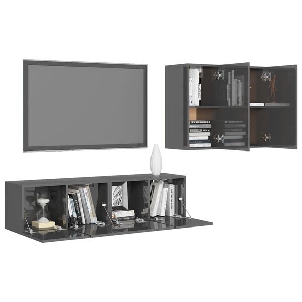 vidaXL Ensemble de meuble TV 4 pcs Gris brillant Bois d'ingénierie