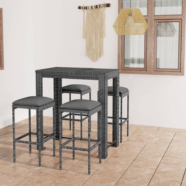 vidaXL Ensemble de bar de jardin 5 pcs et coussins R&eacute;sine tress&eacute;e Gris