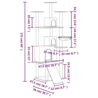 vidaXL Arbre à chat avec griffoirs en sisal Crème 175 cm