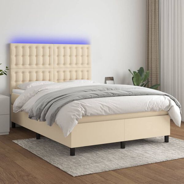 vidaXL Sommier &agrave; lattes de lit et matelas et LED Cr&egrave;me 140x190cm Tissu