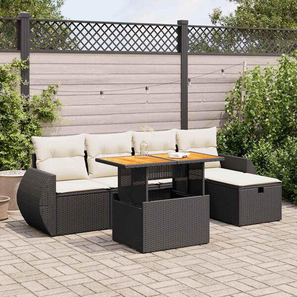 vidaXL Salon de jardin 6 pcs avec coussins noir r&eacute;sine tress&eacute;e acacia