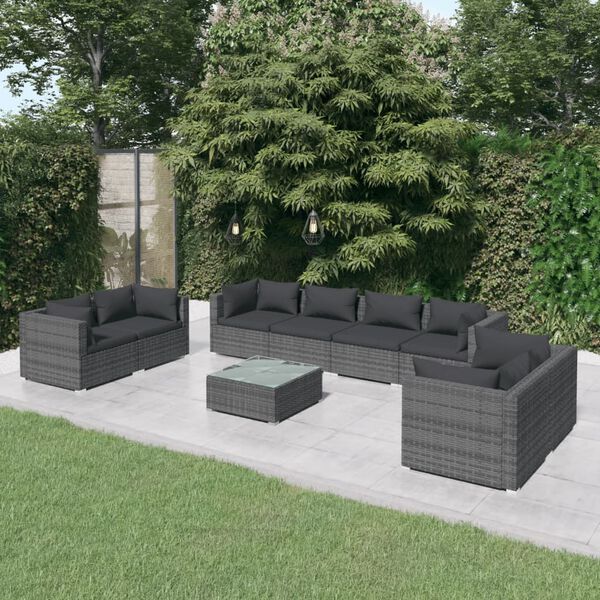vidaXL Salon de jardin 9 pcs avec coussins R&eacute;sine tress&eacute;e Gris