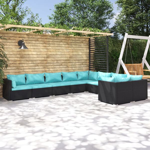 vidaXL Salon de jardin 9 pcs avec coussins R&eacute;sine tress&eacute;e Noir