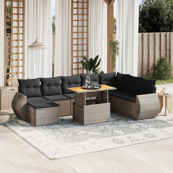 vidaXL Salon de jardin 9 pcs avec coussins gris r&eacute;sine tress&eacute;e
