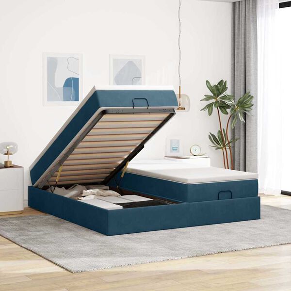 vidaXL Cadre de lit ottoman avec matelas bleu fonc&eacute; 200x200 cm velours